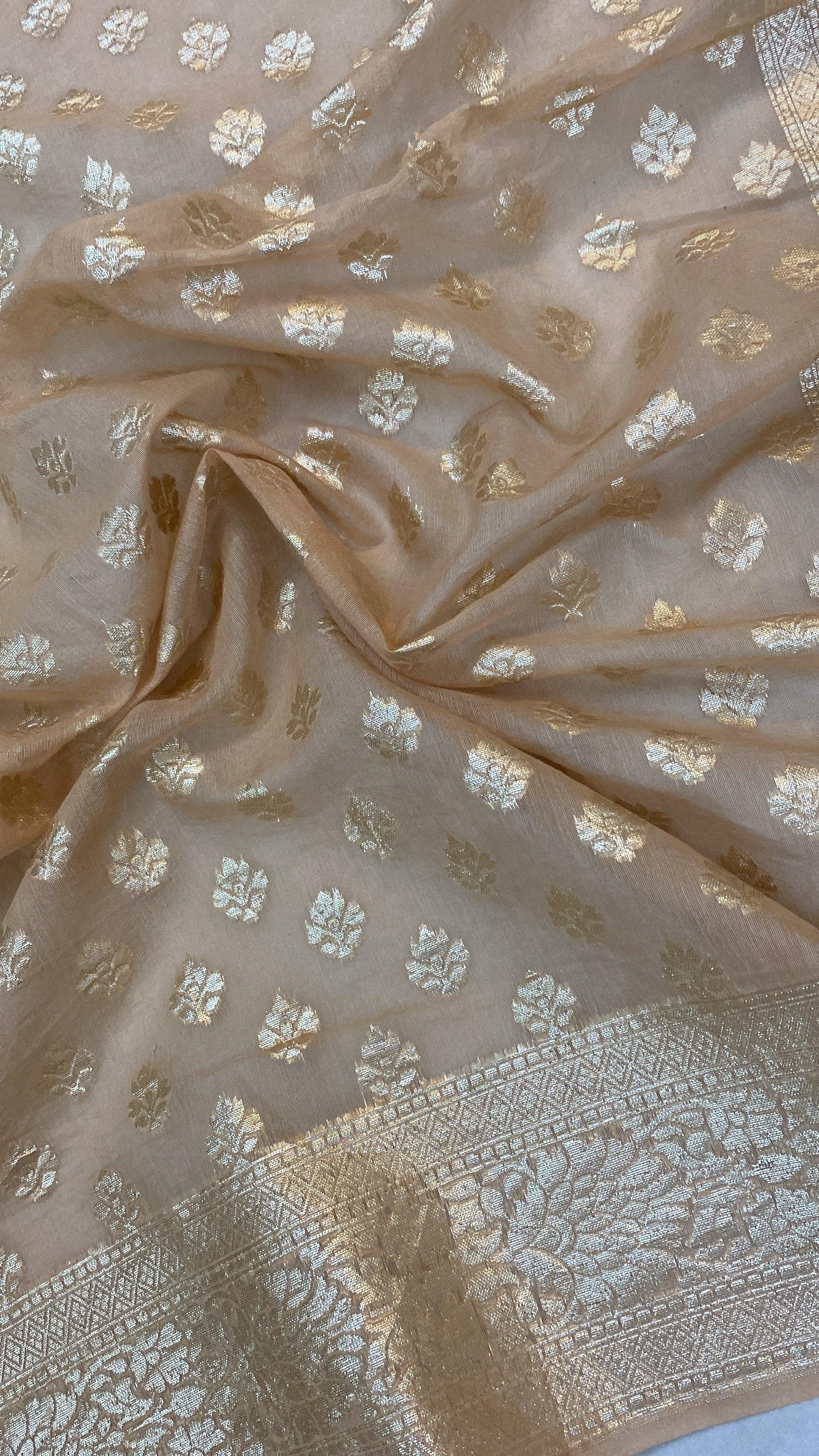 Creme Handloom Cotton Silk Banarasi Sari by Shades Of Benares - banarasi - banarasi saree shop