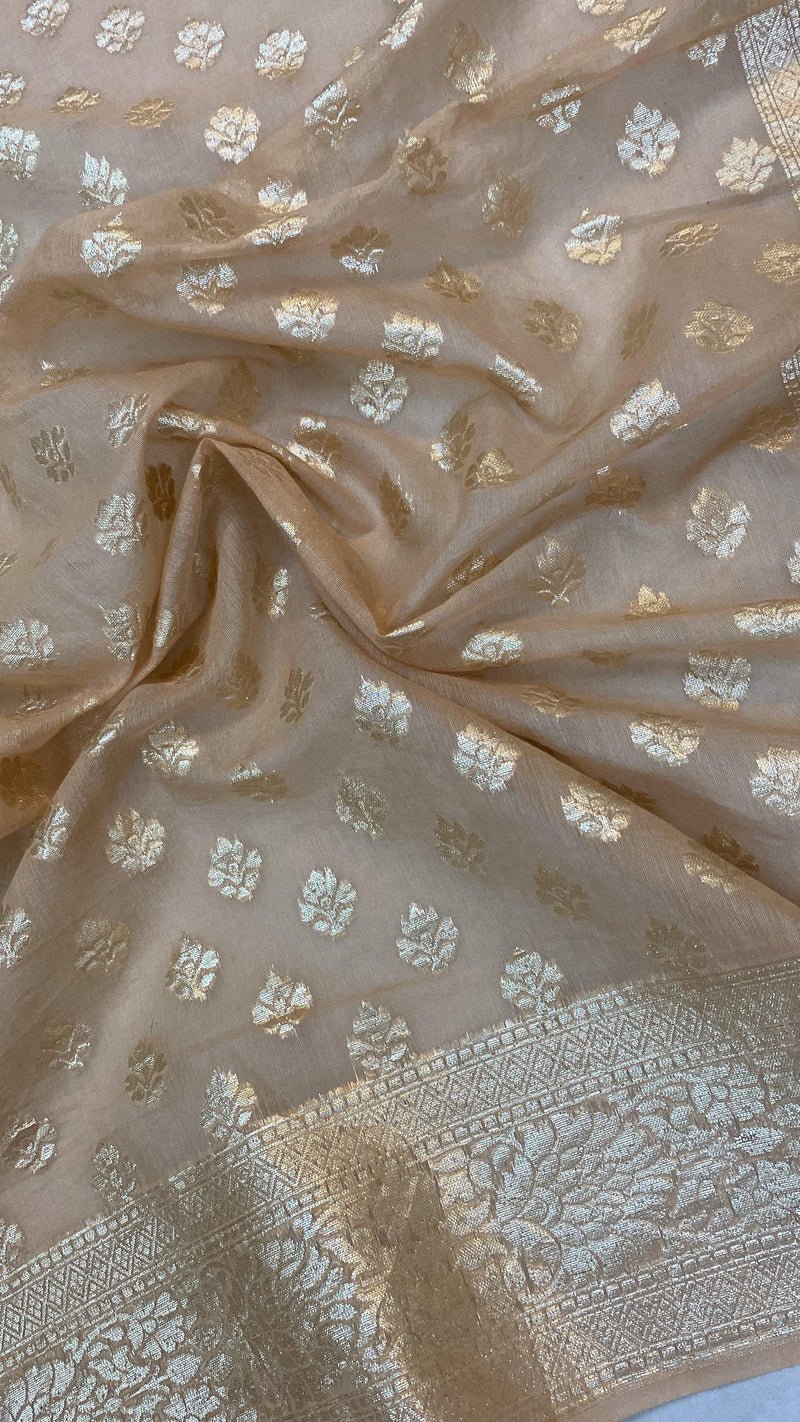 Creme Handloom Cotton Silk Banarasi Sari - Shades Of Benares