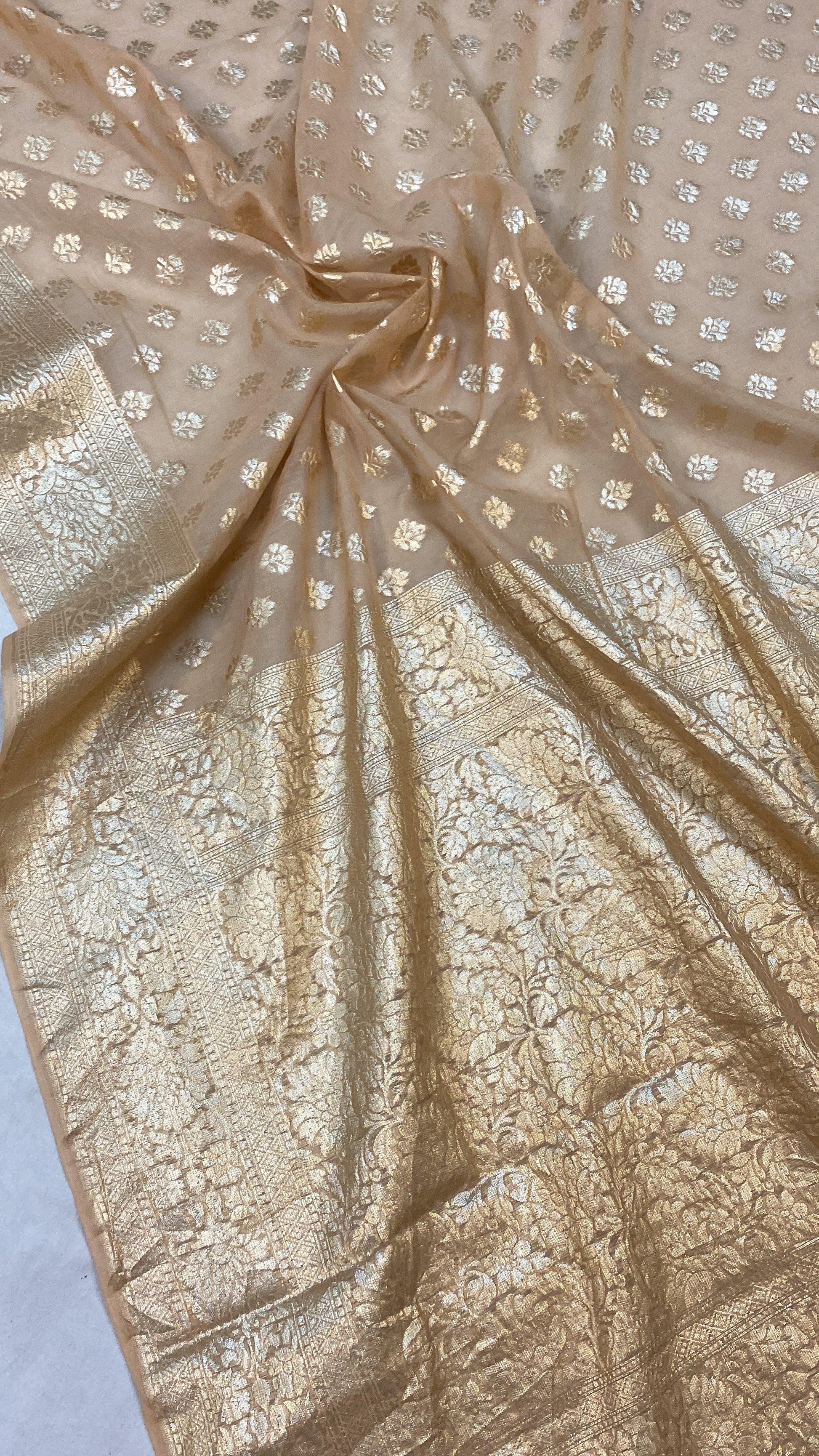 Creme Handloom Cotton Silk Banarasi Sari by Shades Of Benares - banarasi - banarasi saree shop