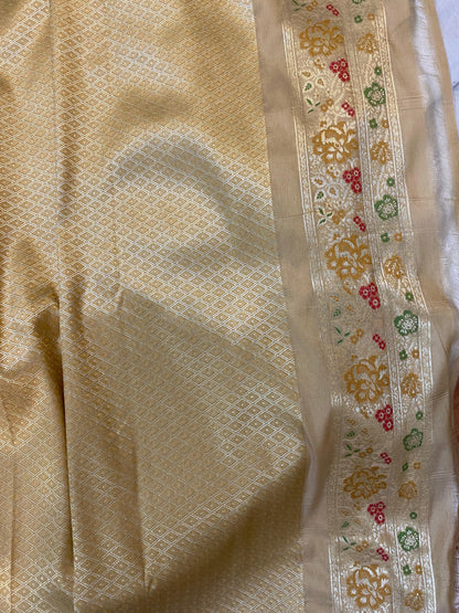 Creme Luxurious Banarasi Katan Silk Handwoven Saree by Shades Of Benares - banarasi - banarasi saree shop