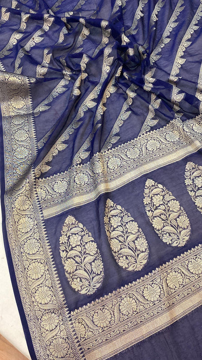 Elegance Redefined: Navy Blue Handloom Georgette Banarasi Sari by Shades Of Benares - banarasi - banarasi saree shop