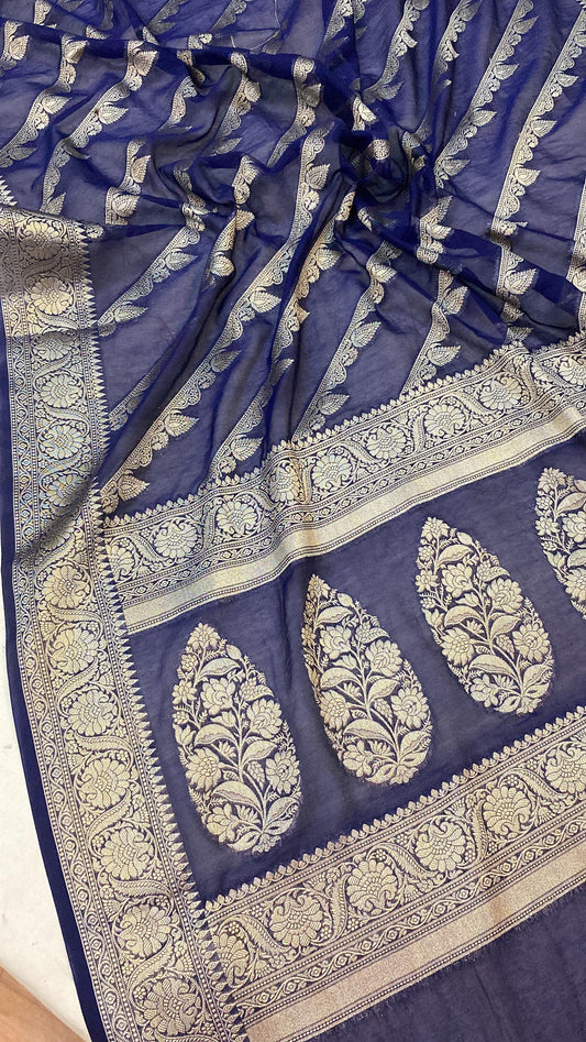 Elegance Redefined: Navy Blue Handloom Georgette Banarasi Sari by Shades Of Benares - banarasi - banarasi saree shop