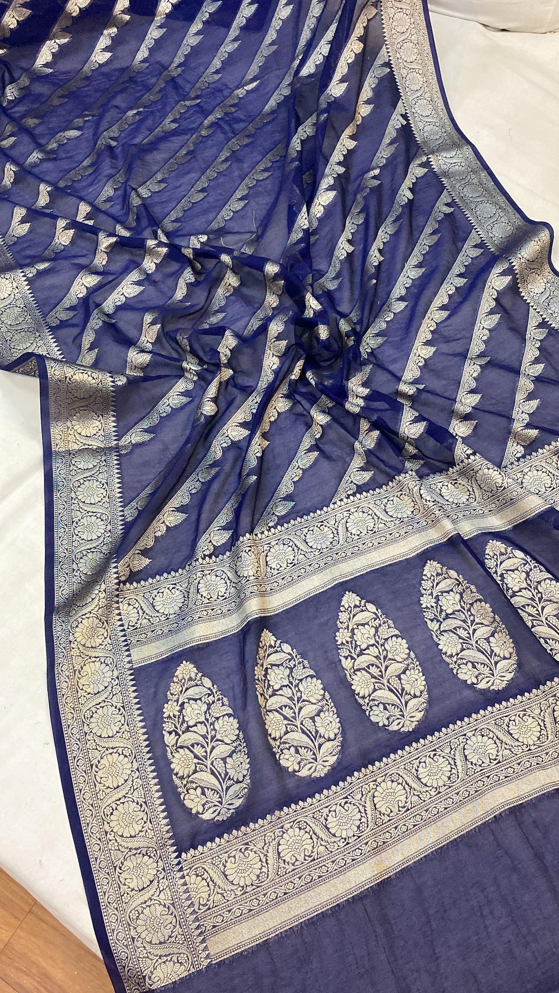 Elegance Redefined: Navy Blue Handloom Georgette Banarasi Sari by Shades Of Benares - banarasi - banarasi saree shop