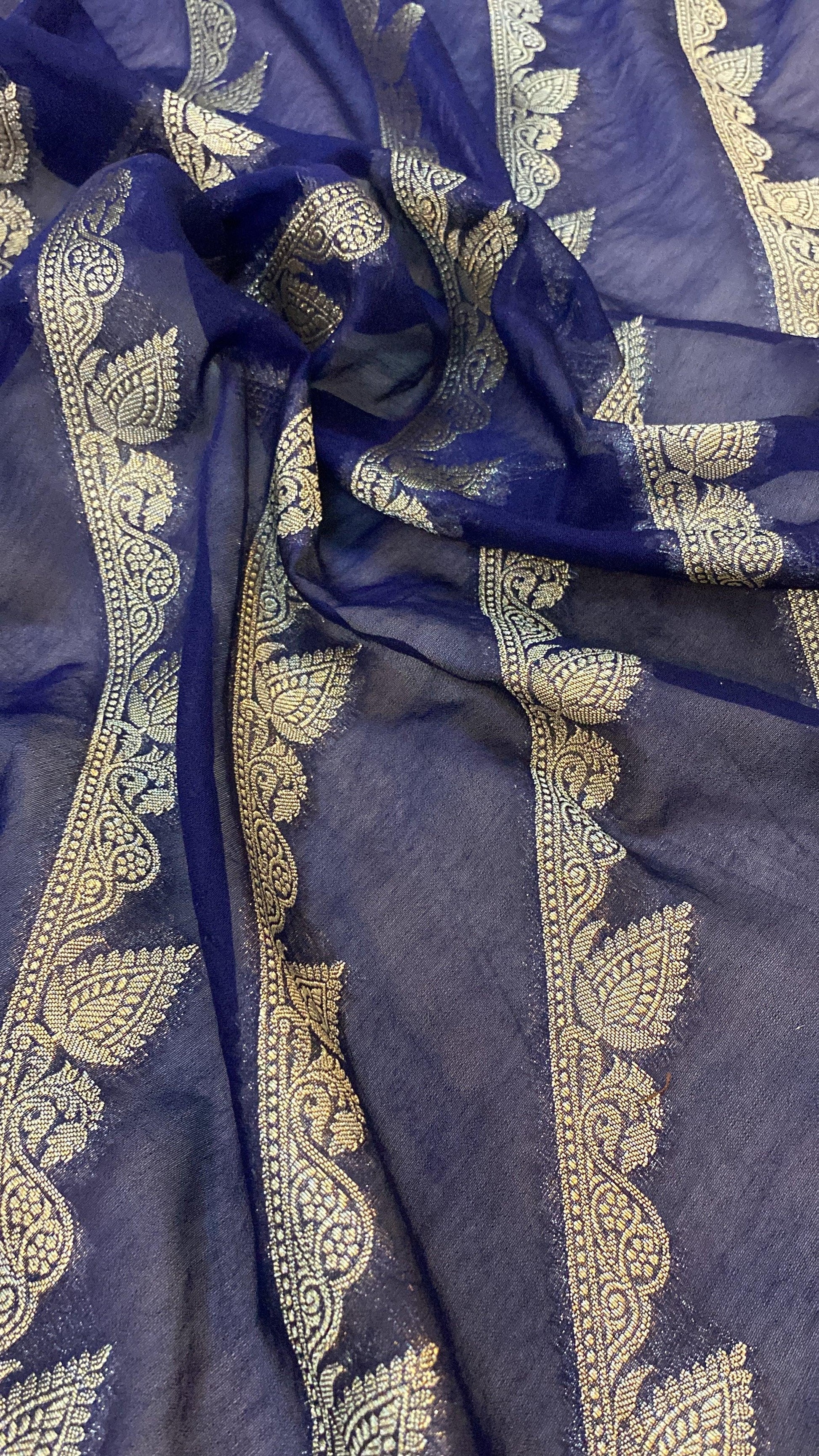 Elegance Redefined: Navy Blue Handloom Georgette Banarasi Sari by Shades Of Benares - banarasi - banarasi saree shop