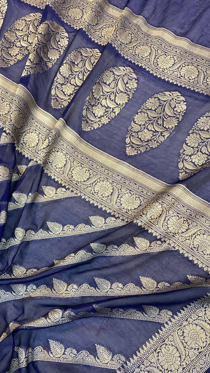 Elegance Redefined: Navy Blue Handloom Georgette Banarasi Sari by Shades Of Benares - banarasi - banarasi saree shop