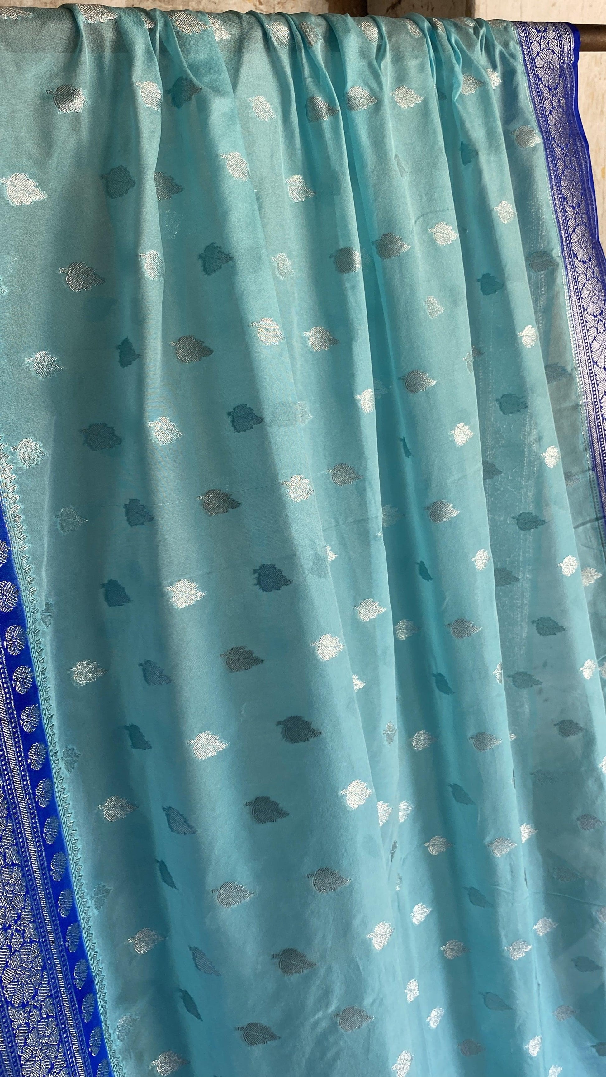 Elegant and Timeless: Blue Pure Chiffon Banarasi Sari by Shades Of Benares - banarasi - banarasi saree shop