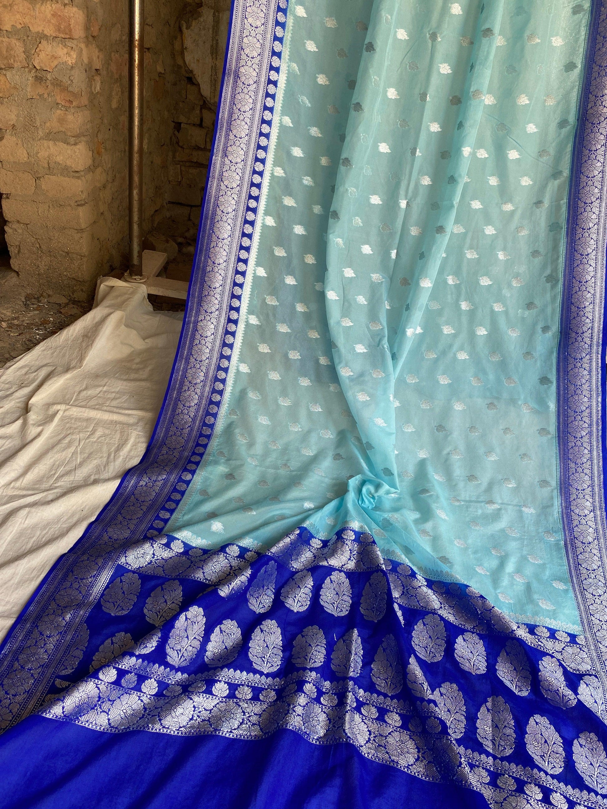 Elegant and Timeless: Blue Pure Chiffon Banarasi Sari by Shades Of Benares - banarasi - banarasi saree shop