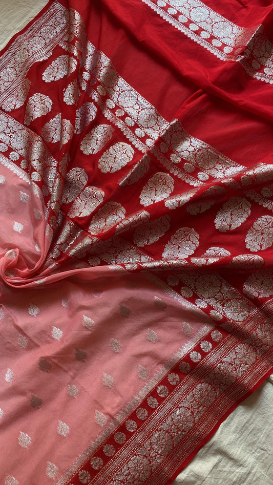 Elegant and Timeless: Handwoven Peach Pure Chiffon Banarasi Saree by Shades Of Benares - banarasi - banarasi saree shop