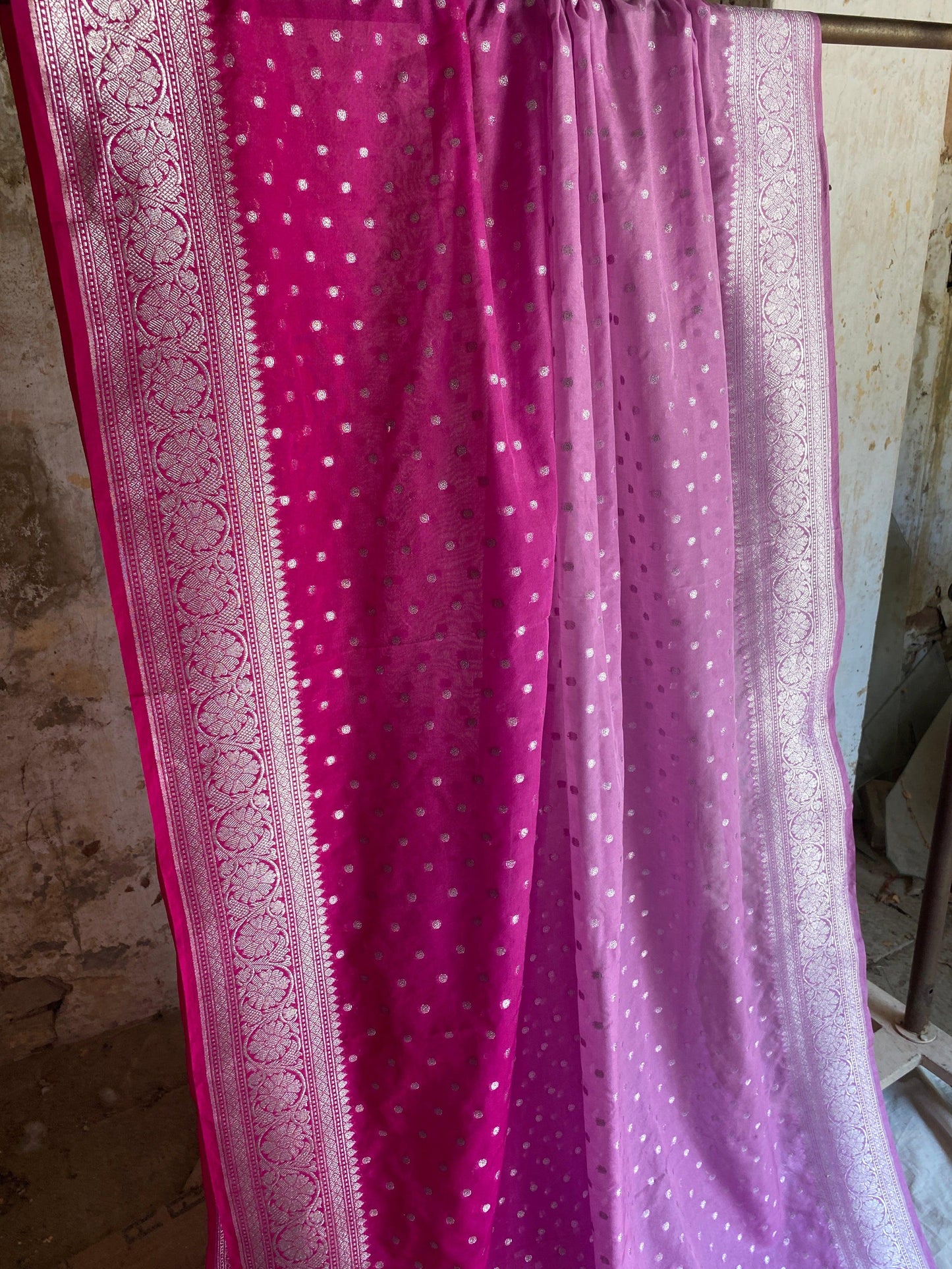 Elegant and Timeless: Handwoven Pink Pure Chiffon Banarasi Sari by Shades Of Benares - banarasi - banarasi saree shop