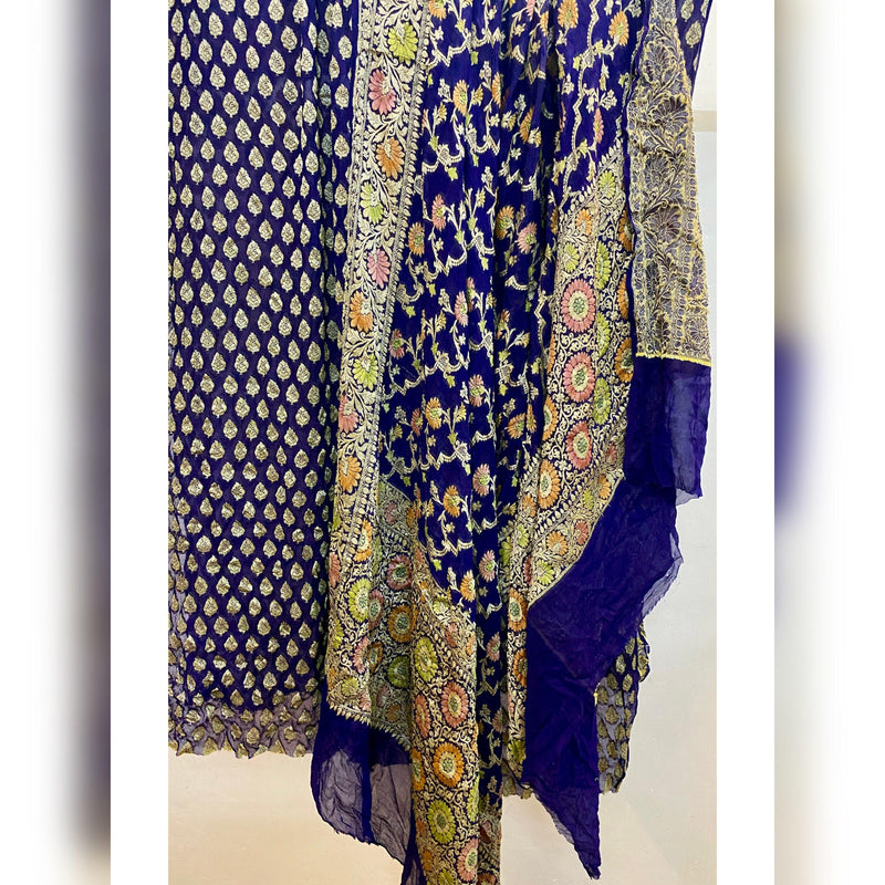 Elegant Blue 3 pcs Khaddi Georgette Banarasi Dress Material - Shades Of Benares