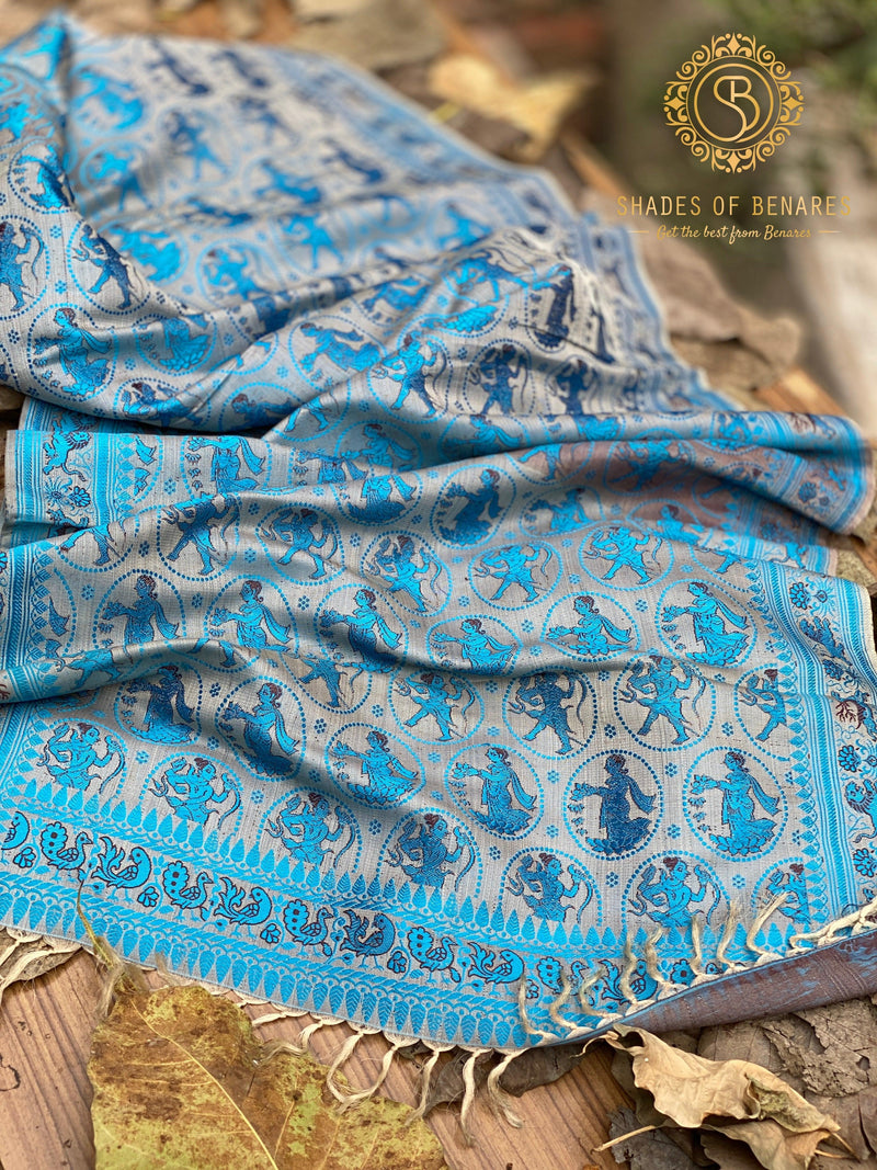 Elegant Blue Banarasi Silk Handloom Scarf - Shades Of Benares