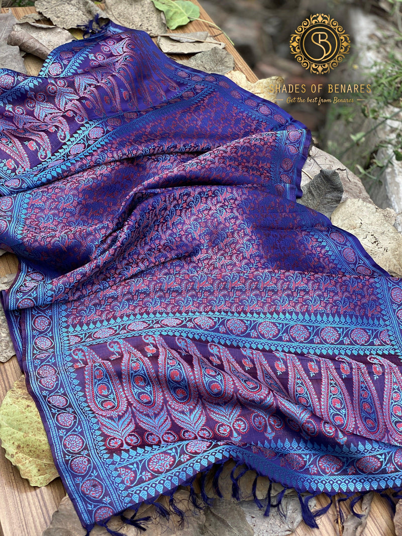 Elegant Blueish Purple Handloom Banarasi Silk Scarf - Shades Of Benares