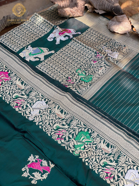 Elegant Bottle Green Banarasi Silk Saree with Minakari Shikargaah Weave by Shades Of Benares - banarasi - banarasi saree shop