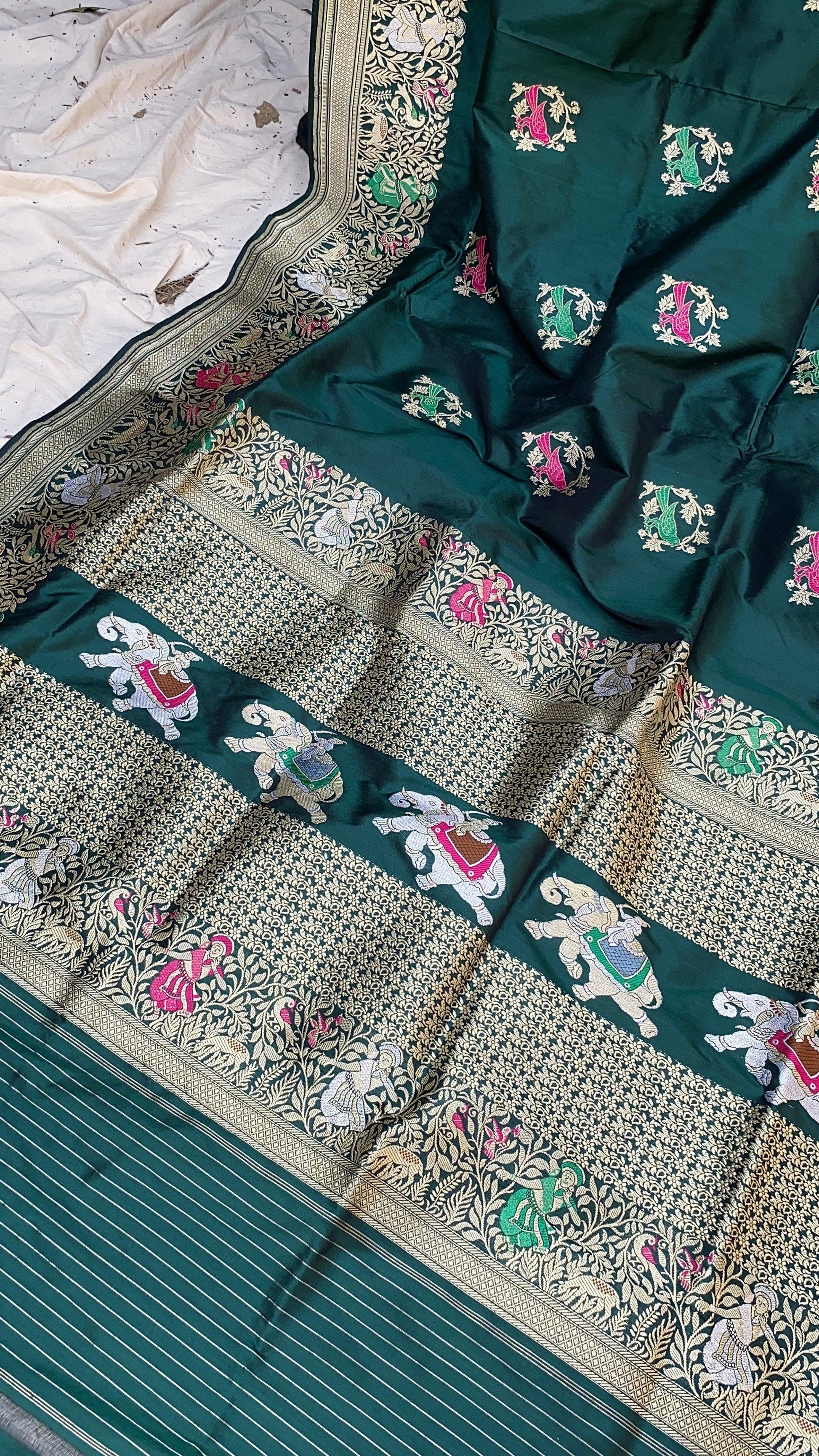 Elegant Bottle Green Banarasi Silk Saree with Minakari Shikargaah Weave by Shades Of Benares - banarasi - banarasi saree shop