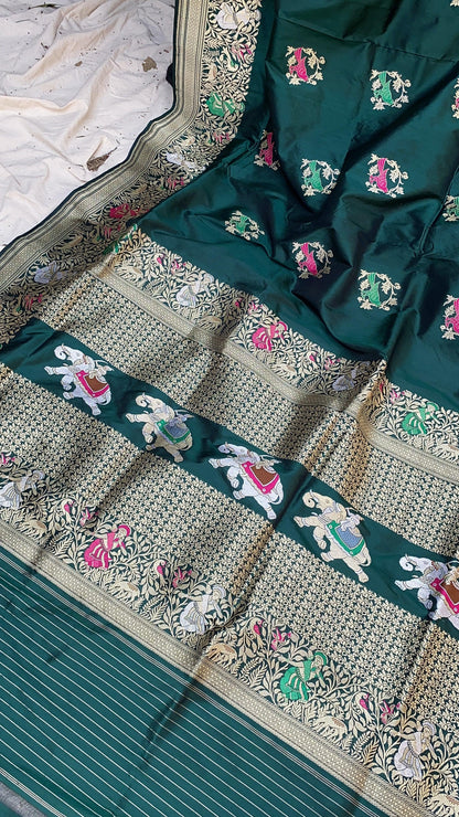 Elegant Bottle Green Banarasi Silk Saree with Minakari Shikargaah Weave by Shades Of Benares - banarasi - banarasi saree shop