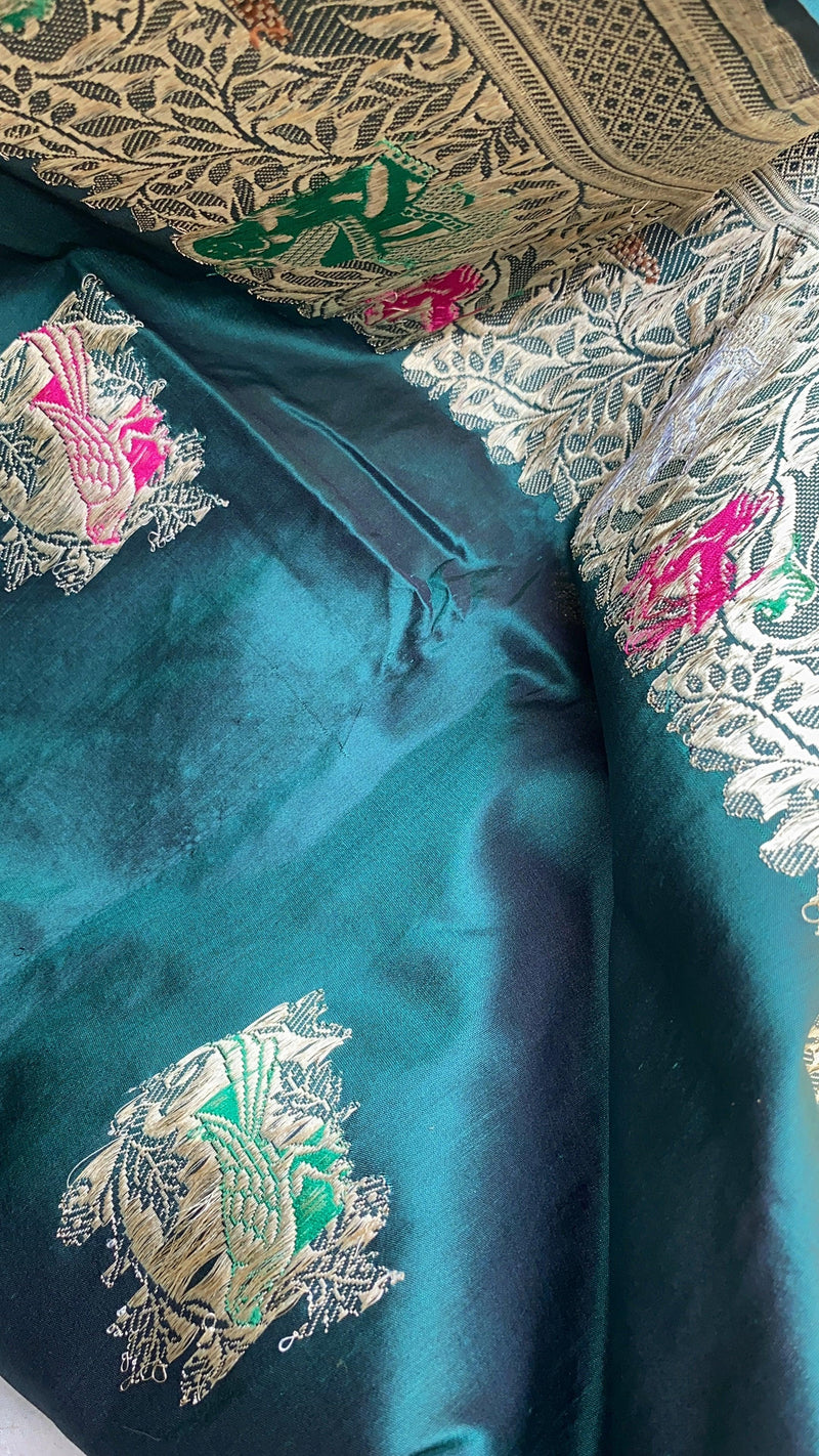 Elegant Bottle Green Banarasi Silk Saree with Minakari Shikargaah Weave by Shades Of Benares - banarasi - banarasi saree shop