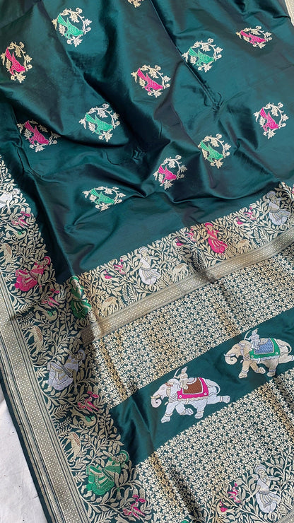 Elegant Bottle Green Banarasi Silk Saree with Minakari Shikargaah Weave by Shades Of Benares - banarasi - banarasi saree shop