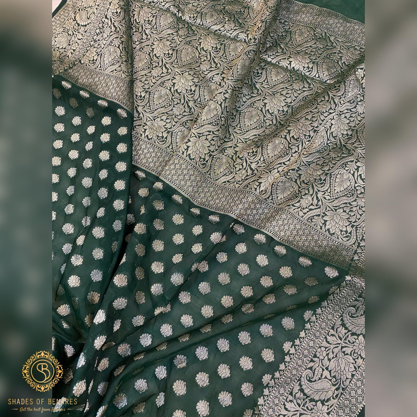 Elegant Bottle Green Handloom Georgette Banarasi Sari: A Versatile Wardrobe Essential by Shades Of Benares - banarasi - banarasi saree shop