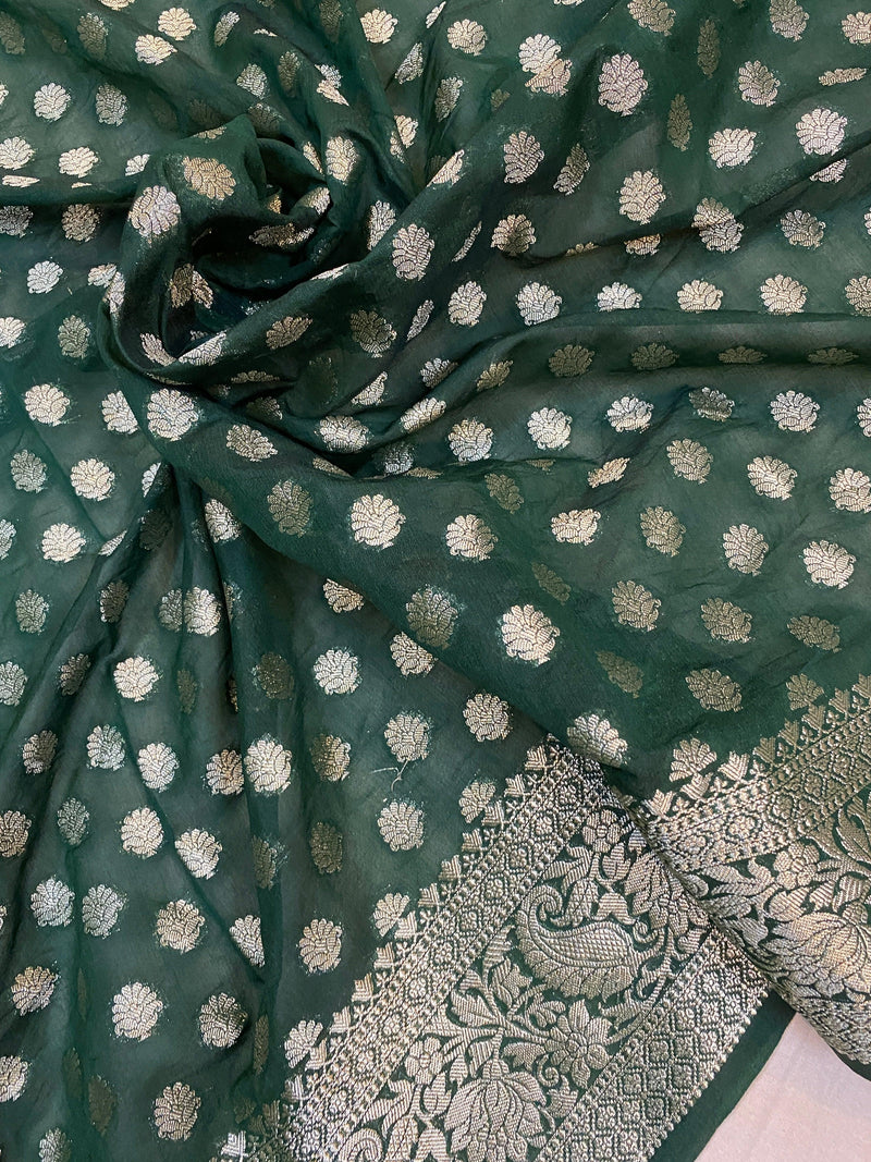 Elegant Bottle Green Handloom Georgette Banarasi Sari: A Versatile Wardrobe Essential - Shades Of Benares