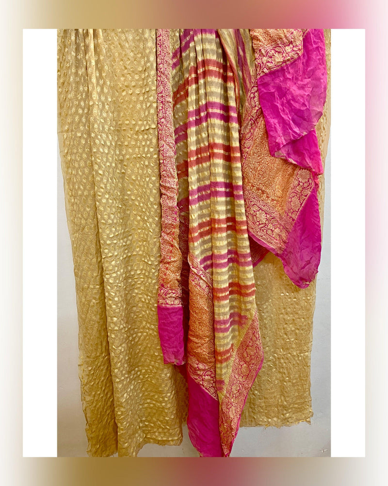 Elegant Creme & Pink 3 pcs Khaddi Georgette Banarasi Dress Material - Shades Of Benares