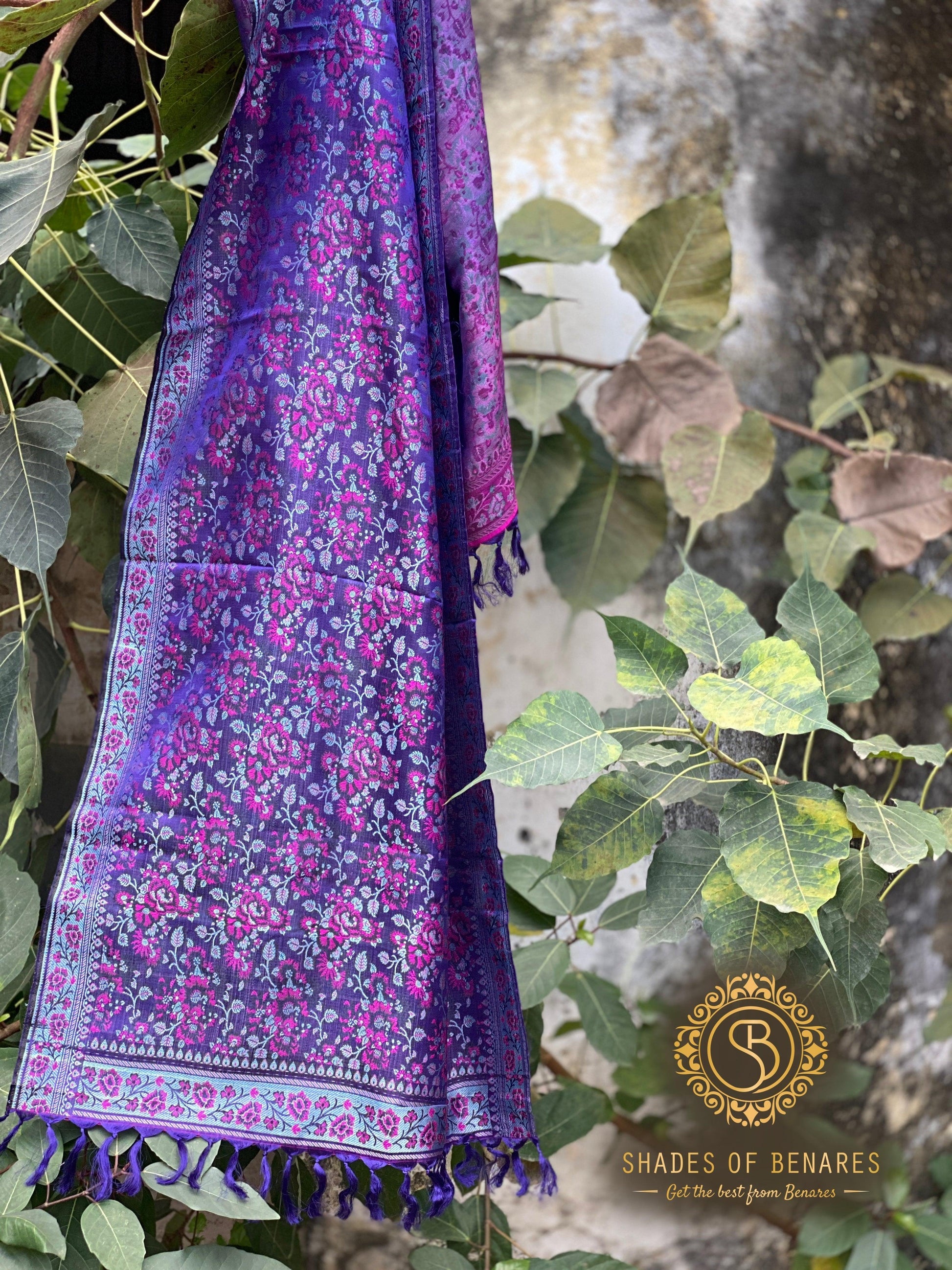 Elegant Deep Purple Pure Silk Handloom Printed Banarasi Scarf by Shades Of Benares - banarasi - banarasi saree shop