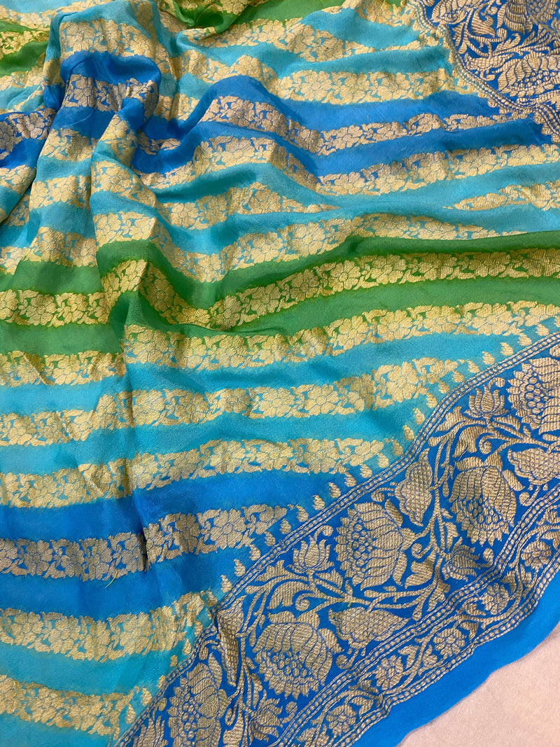 Elegant Glamour: Blue Rangkaat Pure Khaddi Georgette Banarasi Saree for Party Wear by Shades Of Benares - banarasi - banarasi saree shop