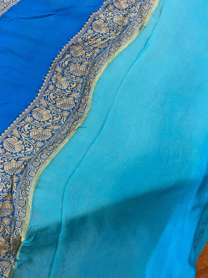 Elegant Glamour: Blue Rangkaat Pure Khaddi Georgette Banarasi Saree for Party Wear by Shades Of Benares - banarasi - banarasi saree shop