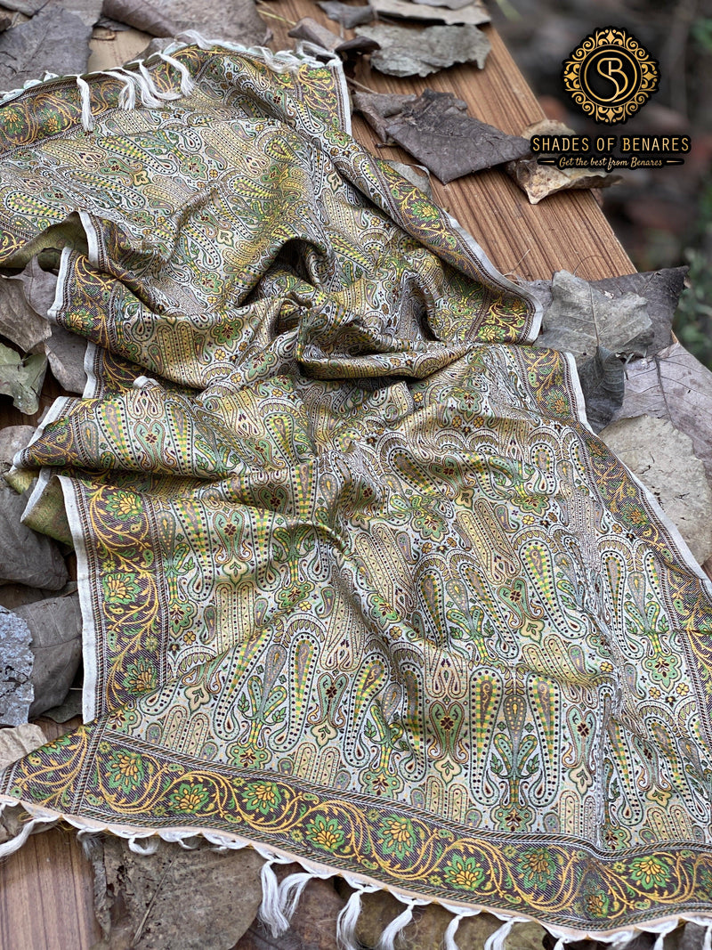 Elegant Green Handloom Banarasi Silk Printed Scarf - Shades Of Benares