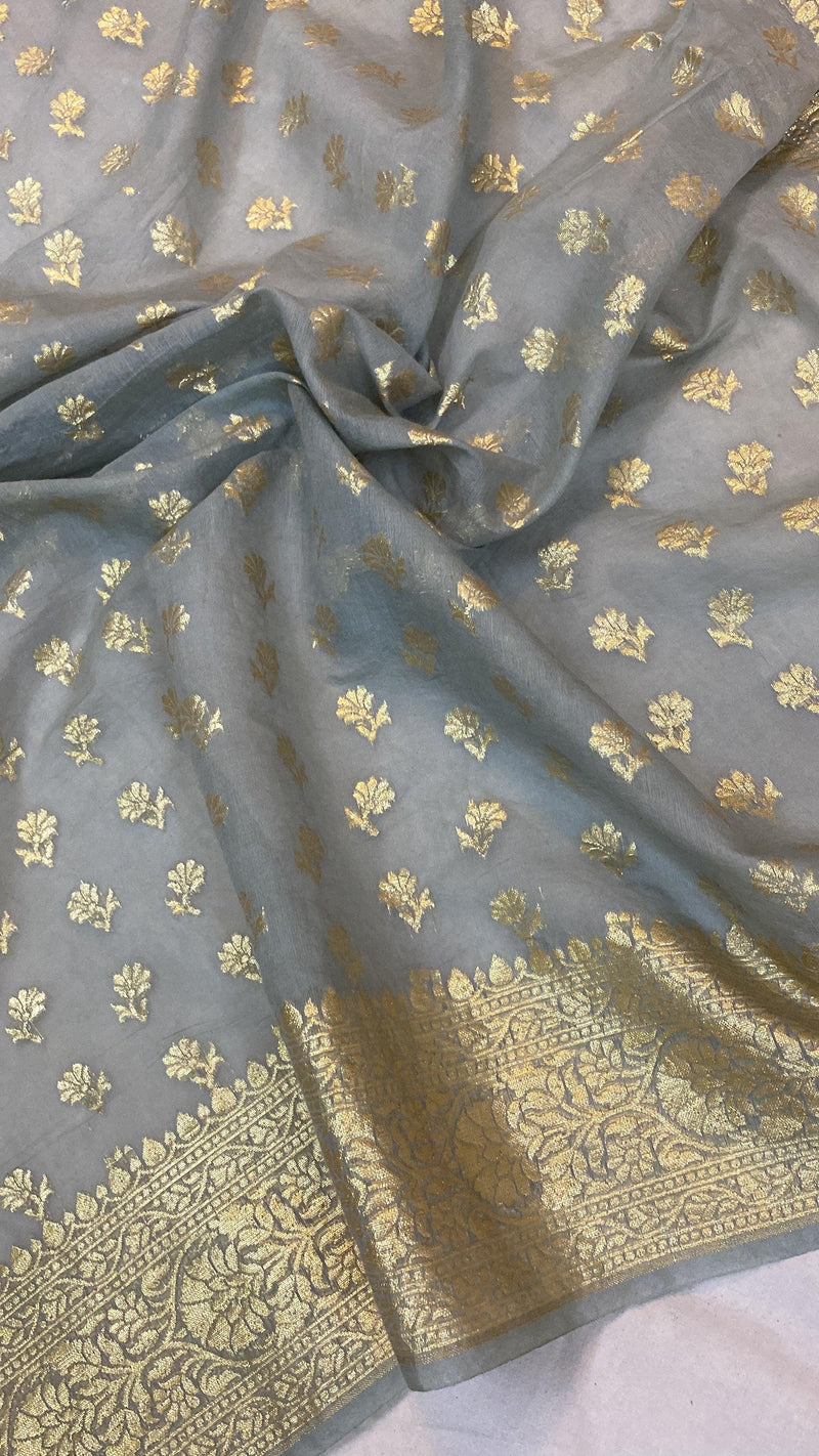 Elegant Grey Handloom Cotton Silk Banarasi Saree with Golden Zari Work - Shades Of Benares