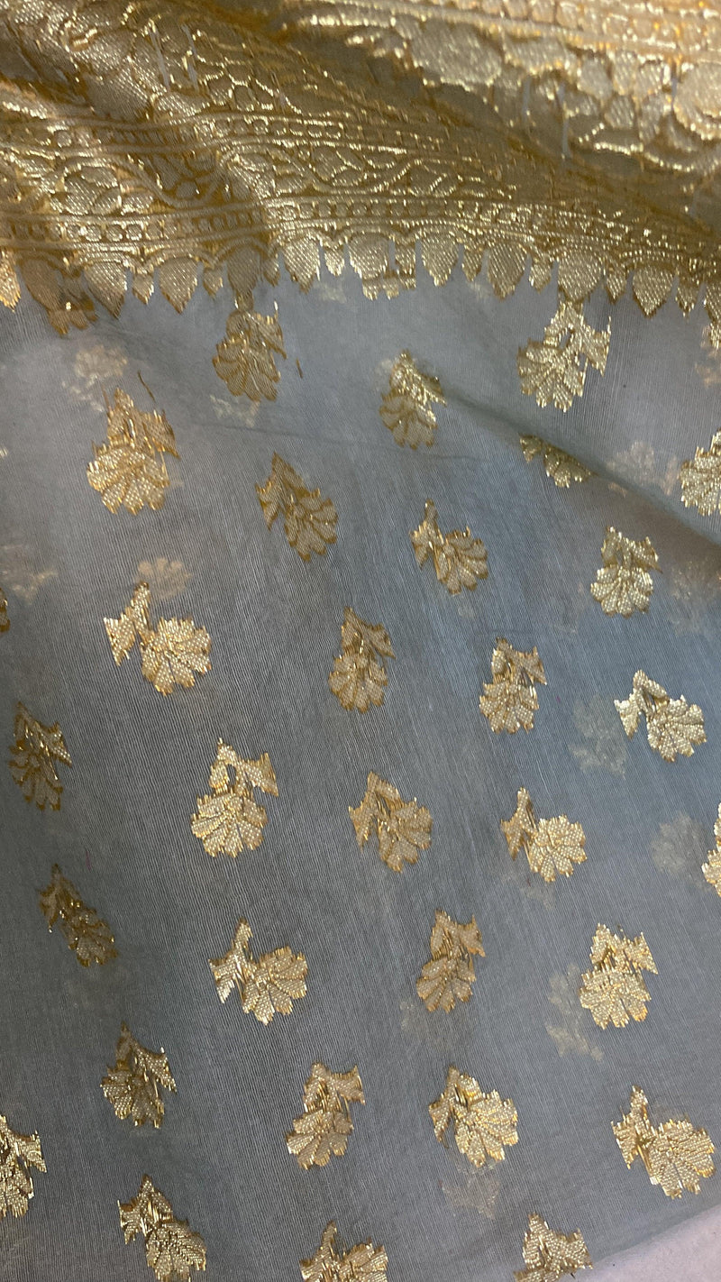 Elegant Grey Handloom Cotton Silk Banarasi Saree with Golden Zari Work - Shades Of Benares