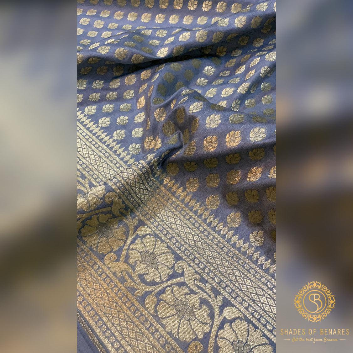 Elegant Grey Handwoven Katan Uppada Silk Saree by Shades Of Benares - banarasi - banarasi saree shop