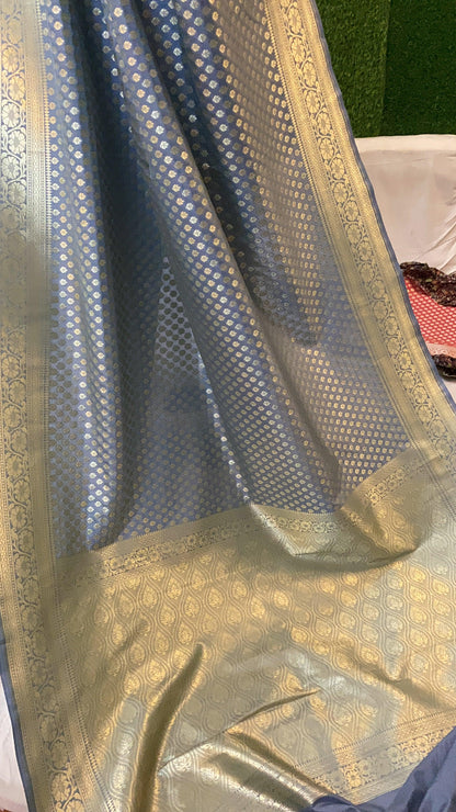 Elegant Grey Handwoven Katan Uppada Silk Saree by Shades Of Benares - banarasi - banarasi saree shop