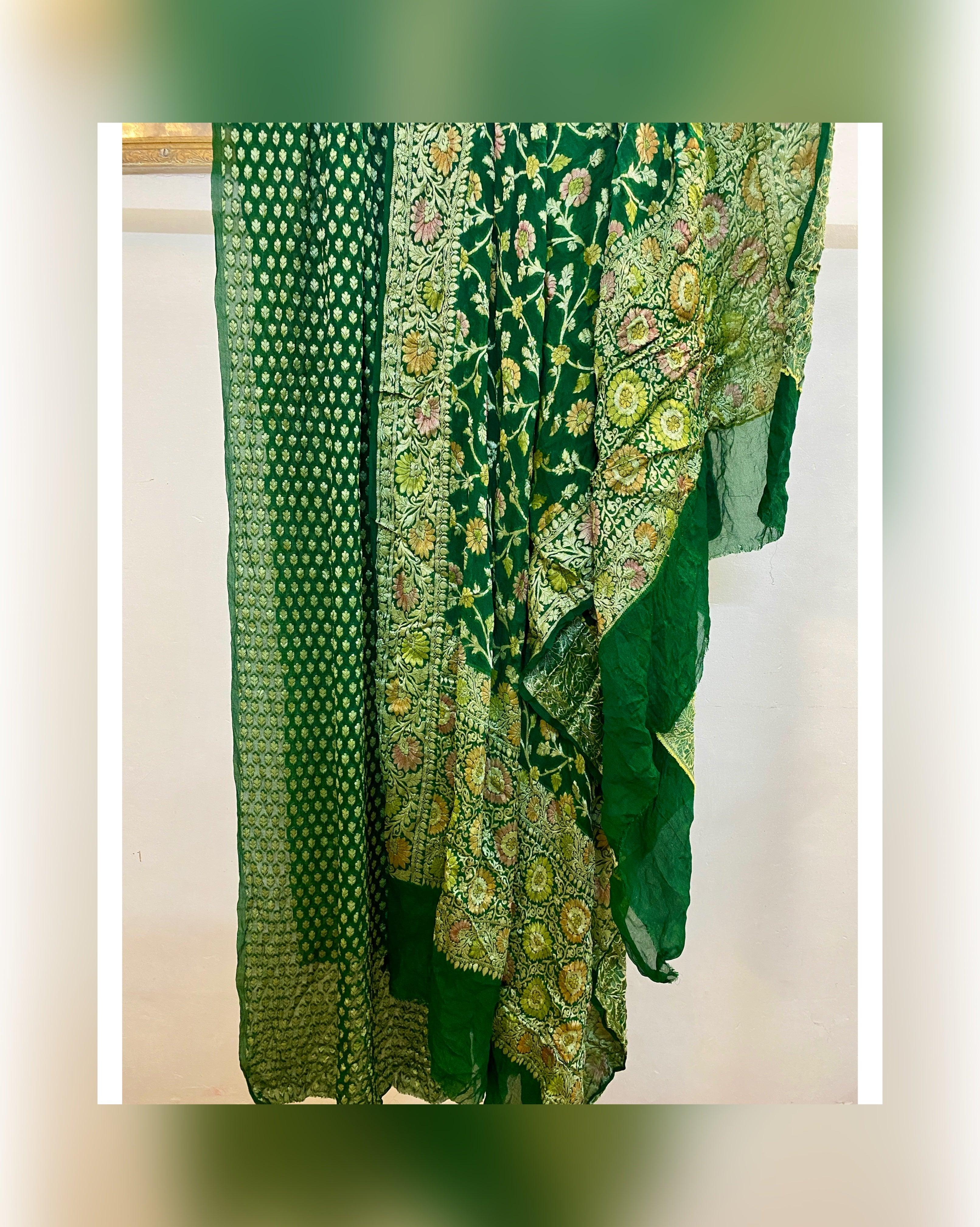 Green Casual Wear Sequence Embroidered Chinon Silk Dress Material