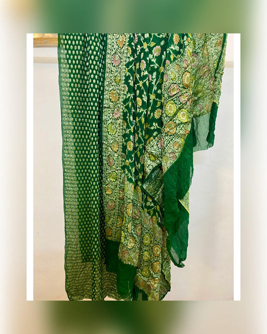 Elegant Hand Brush Dye Green 3 pcs Khaddi Georgette Banarasi Dress Material by MBSOB - banarasi - banarasi saree shop