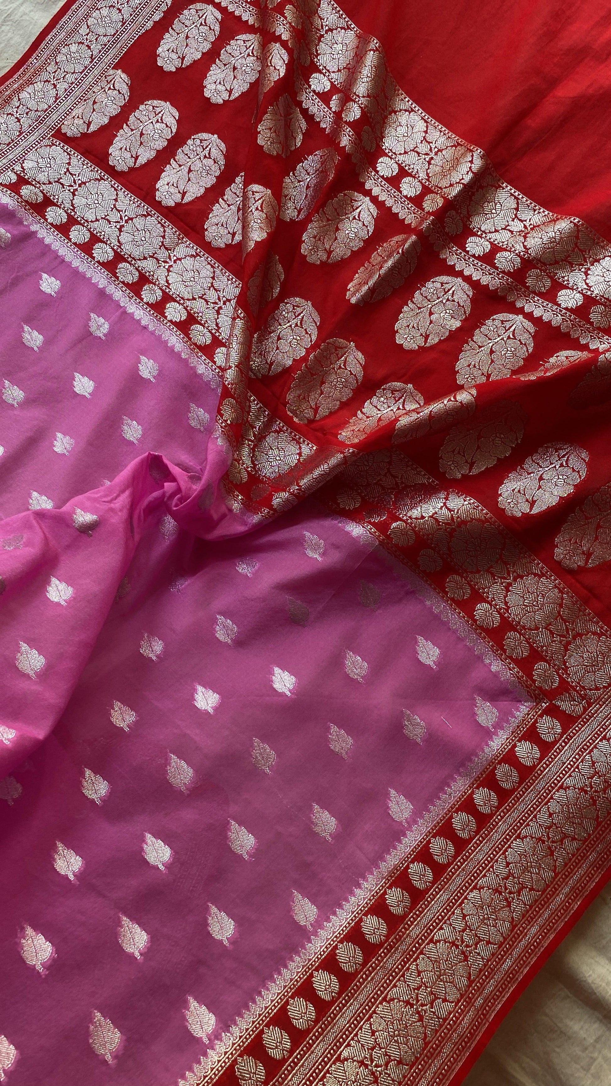 Elegant Handwoven Pink Pure Chiffon Banarasi Saree by Shades Of Benares - banarasi - banarasi saree shop