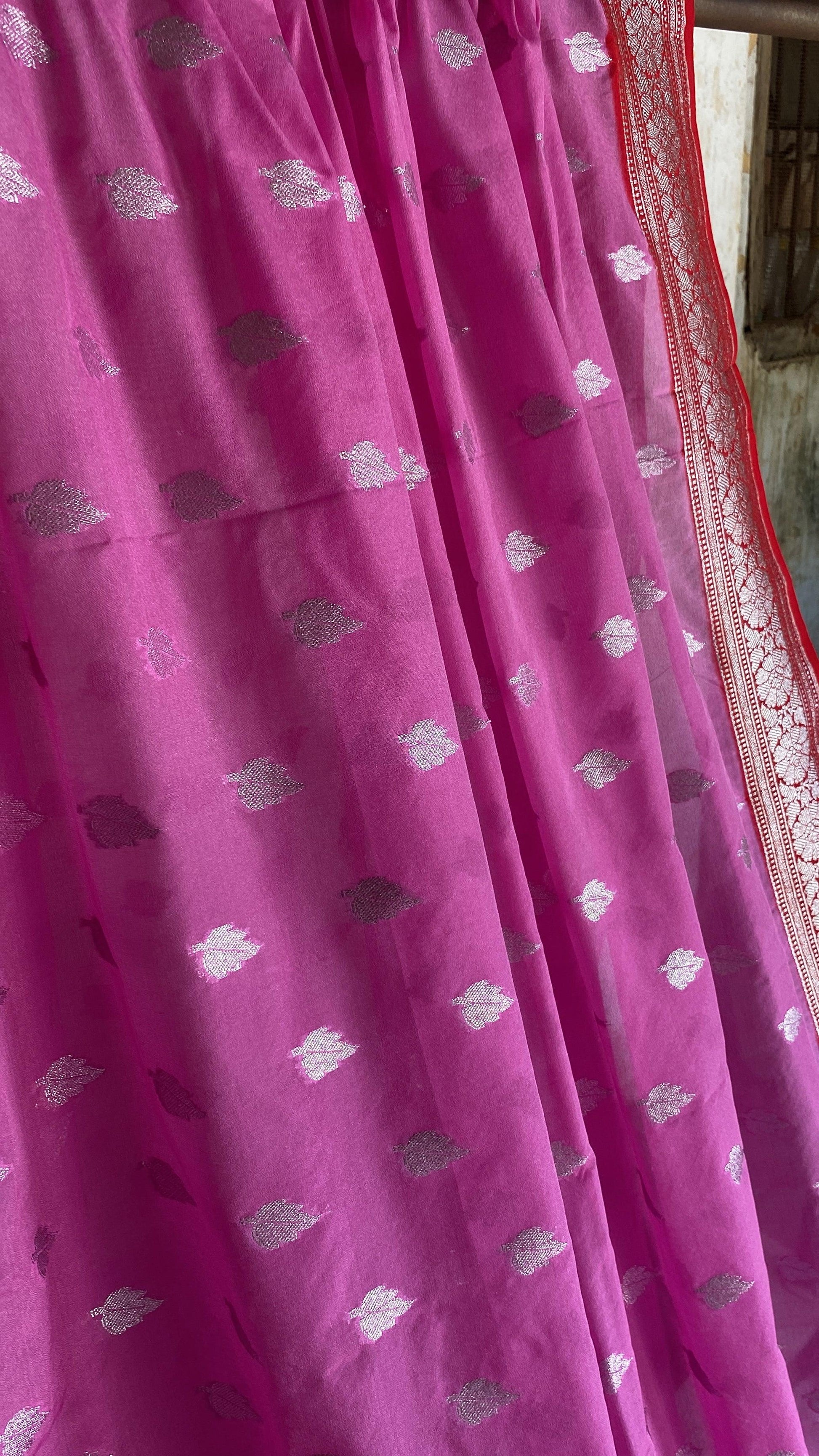 Elegant Handwoven Pink Pure Chiffon Banarasi Saree by Shades Of Benares - banarasi - banarasi saree shop