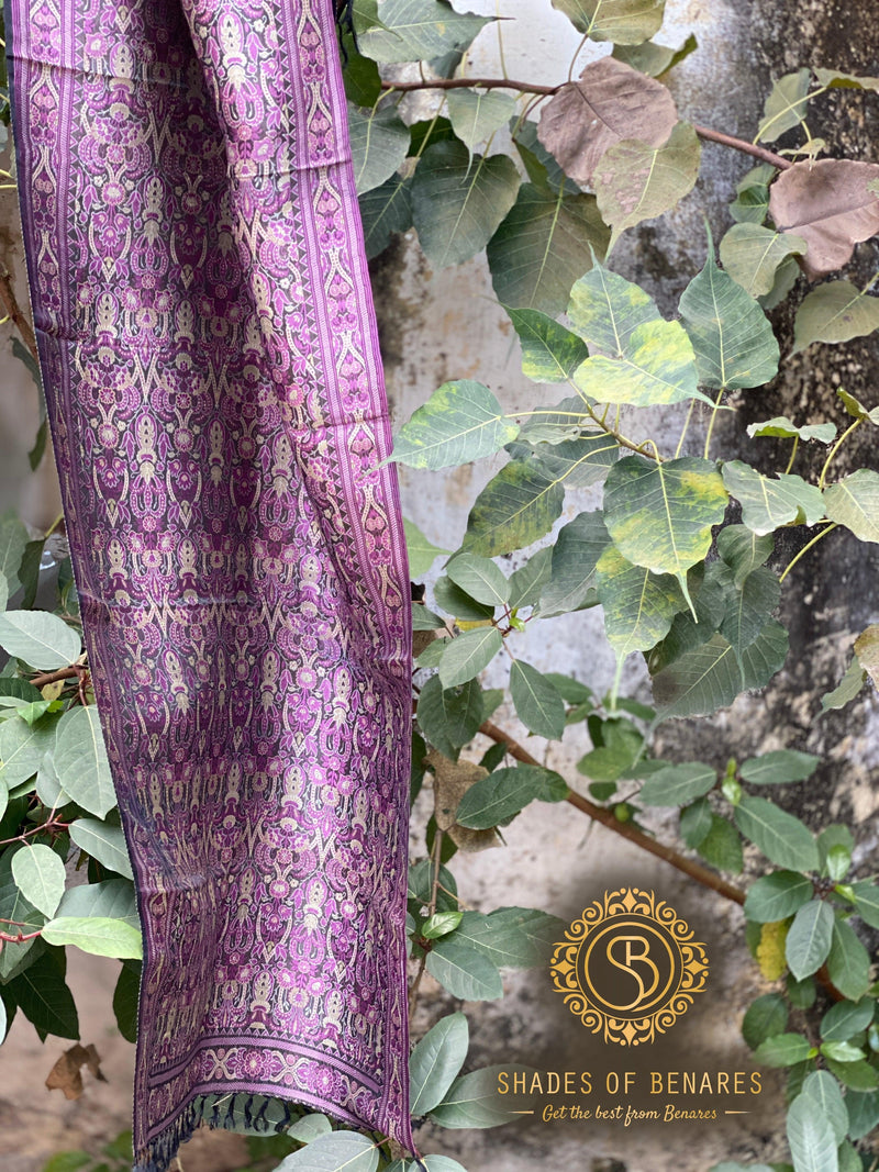 Elegant Pastel Purple Pure Silk Handloom Printed Banarasi Scarf - Shades Of Benares