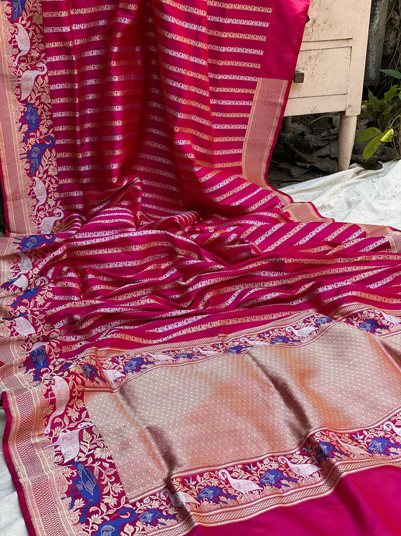 Elegant Pink Kadhwa Sona Rupa Saree | Exquisite Shikargaah Weave by Shades Of Benares - banarasi - banarasi saree shop