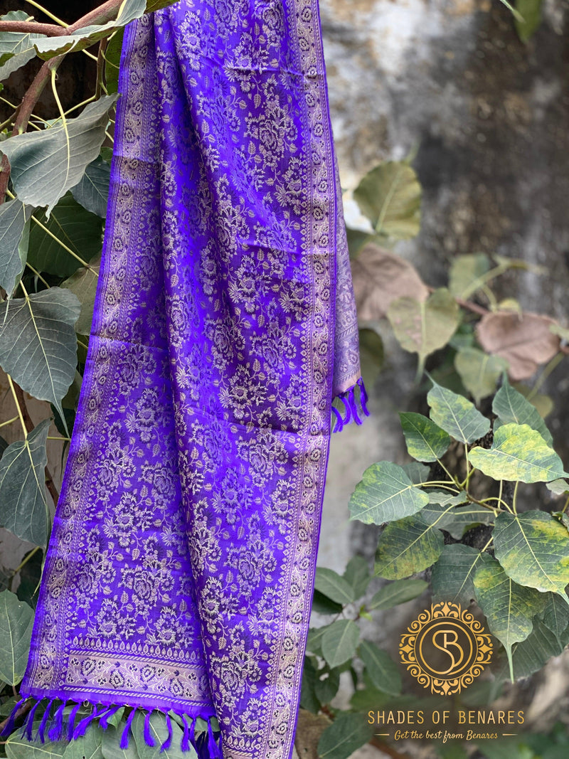 Elegant Purple Handloom Printed Banarasi Silk Scarf - Shades Of Benares