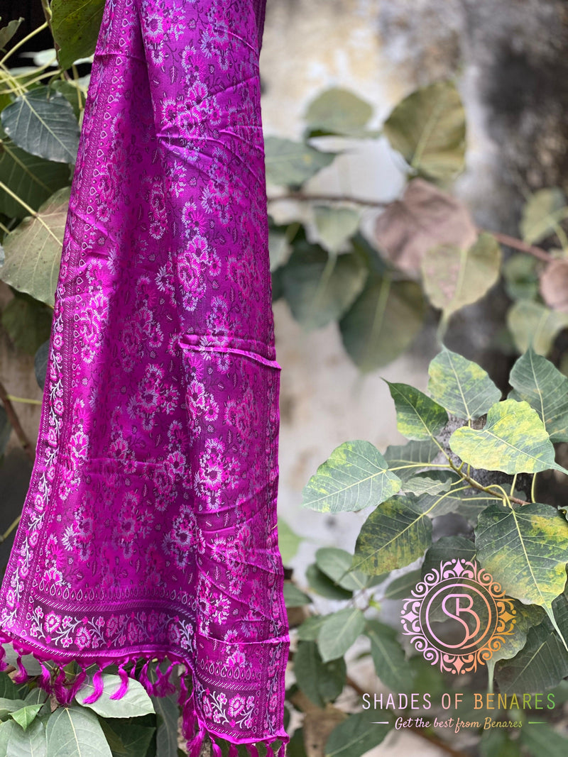 Elegant Purple Handloom Printed Pure Silk Banarasi Scarf - Shades Of Benares