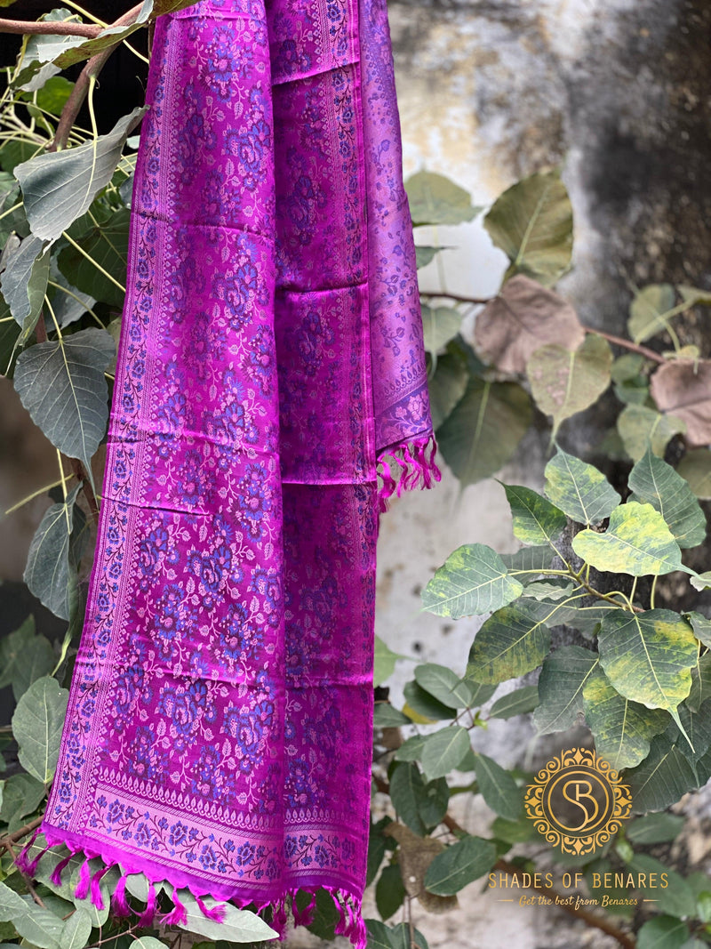 Elegant Purple Pure Silk Printed Handloom Banarasi Scarf - Shades Of Benares
