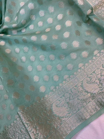 Elegant Sea Green Handloom Banarasi Cotton Silk Sari by Shades Of Benares - banarasi - banarasi saree shop