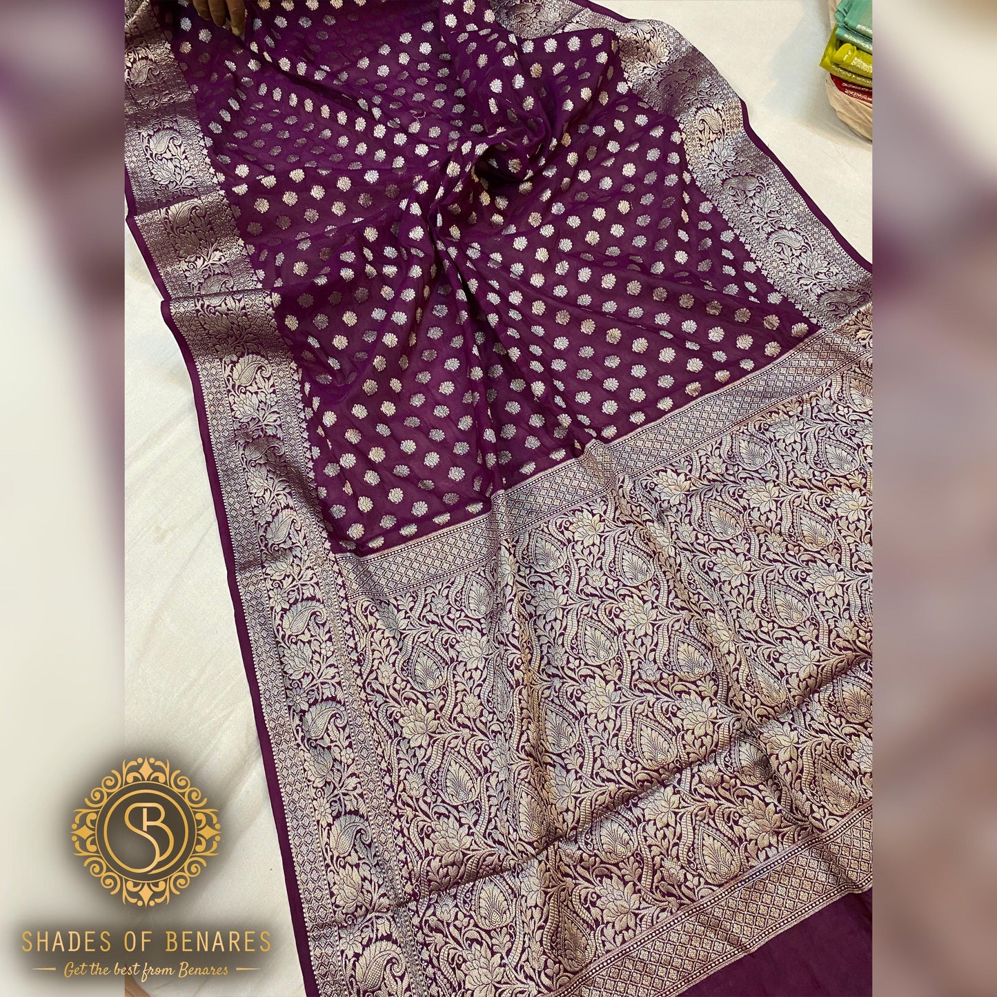 Elegant Wine Handloom Georgette Banarasi Sari: Elevate Your Party Look by Shades Of Benares - banarasi - banarasi saree shop