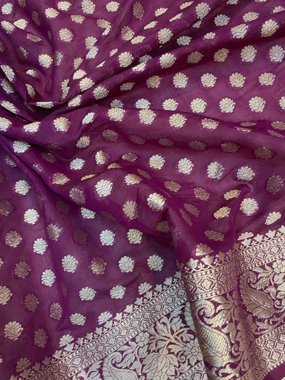 Elegant Wine Handloom Georgette Banarasi Sari: Elevate Your Party Look by Shades Of Benares - banarasi - banarasi saree shop