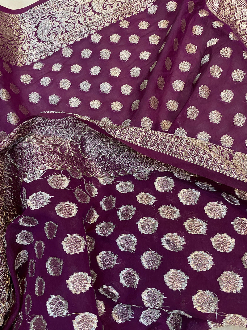 Elegant Wine Handloom Georgette Banarasi Sari: Elevate Your Party Look - Shades Of Benares