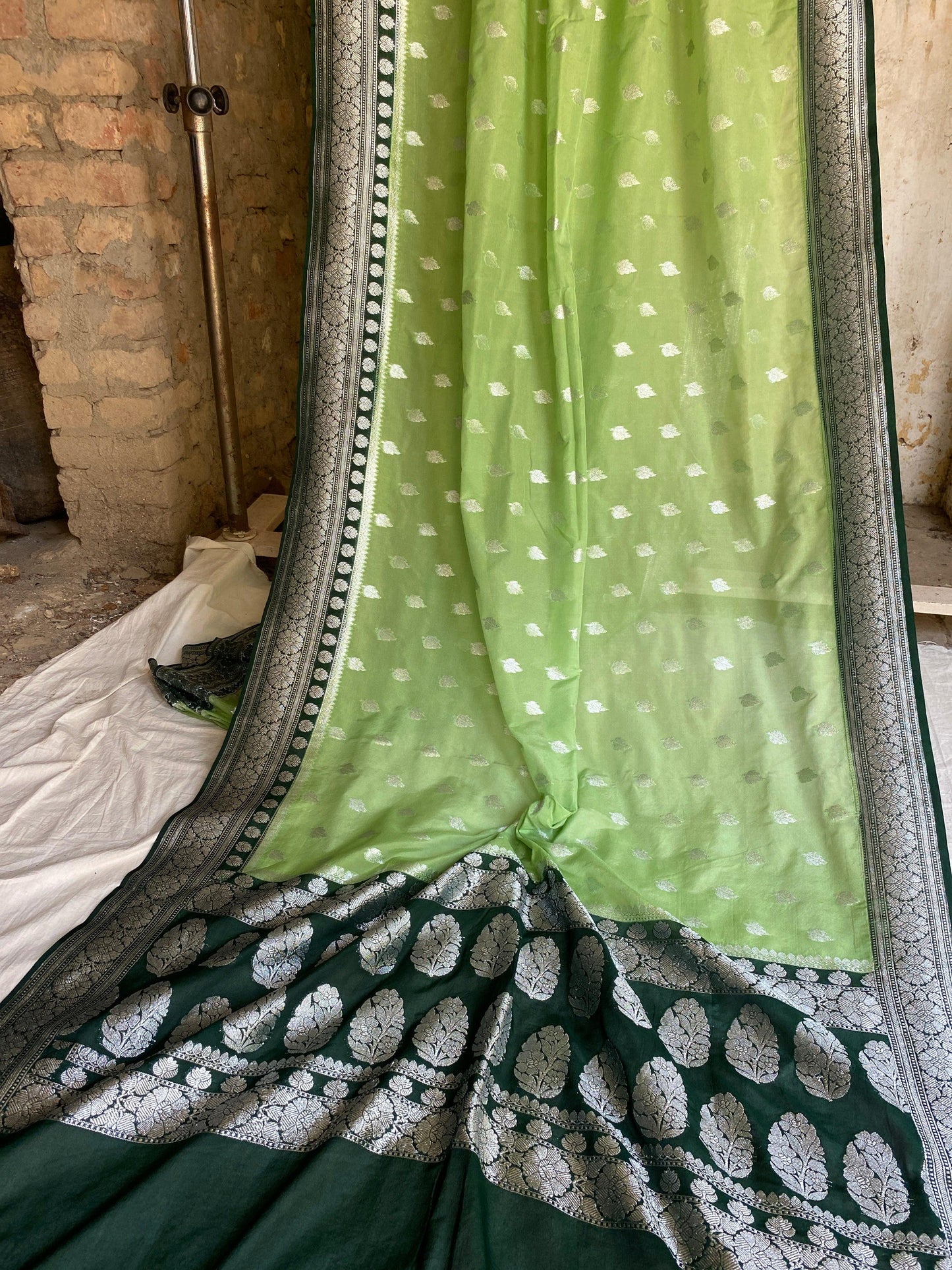 Enchanting and Timeless: Green Pure Chiffon Banarasi Saree by Shades Of Benares - banarasi - banarasi saree shop