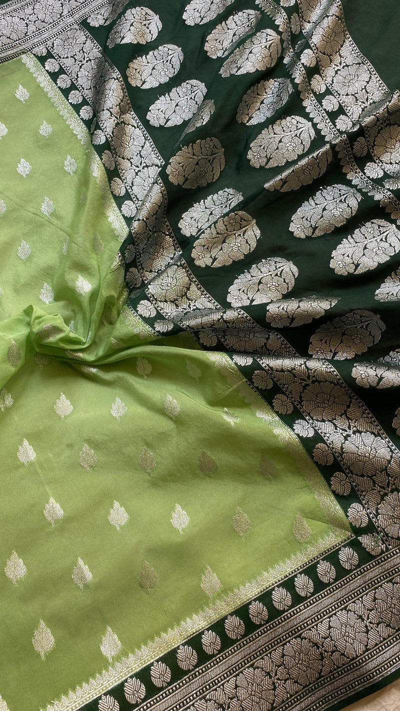 Enchanting and Timeless: Green Pure Chiffon Banarasi Saree by Shades Of Benares - banarasi - banarasi saree shop