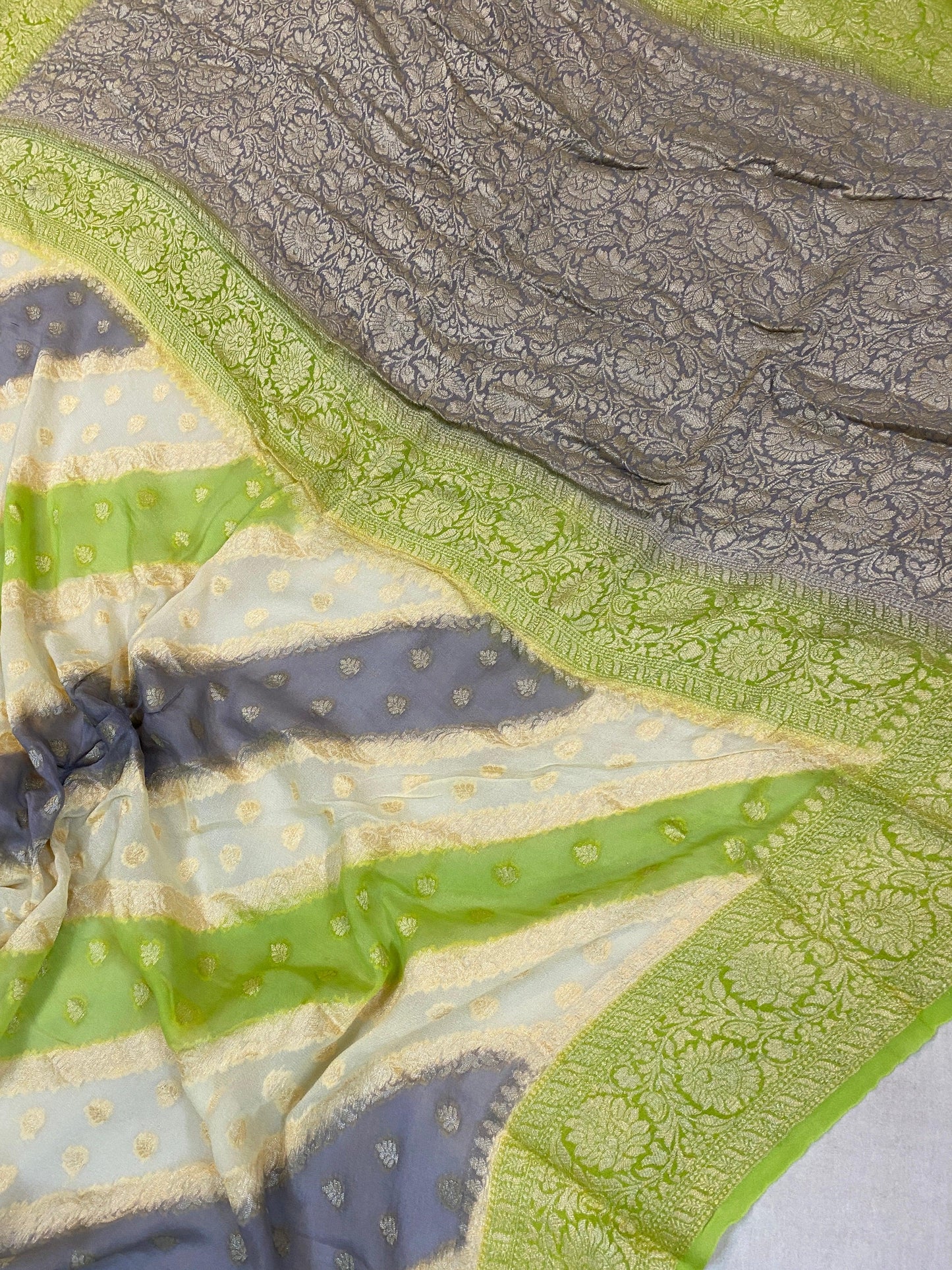 Enchanting Elegance: Green Rangkaat Pure Khaddi Georgette Banarasi Saree by Shades Of Benares - banarasi - banarasi saree shop