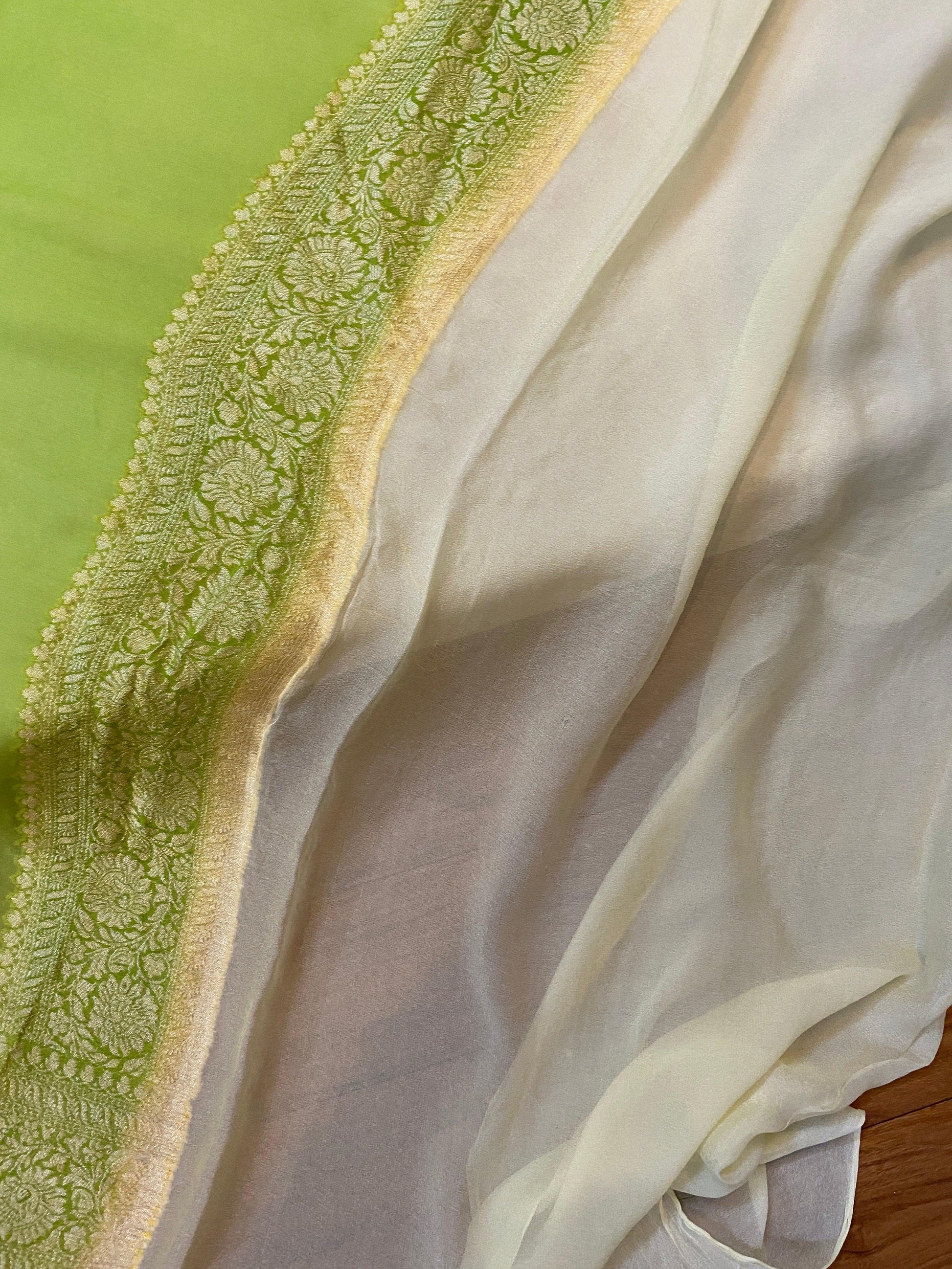 Enchanting Elegance: Green Rangkaat Pure Khaddi Georgette Banarasi Saree by Shades Of Benares - banarasi - banarasi saree shop