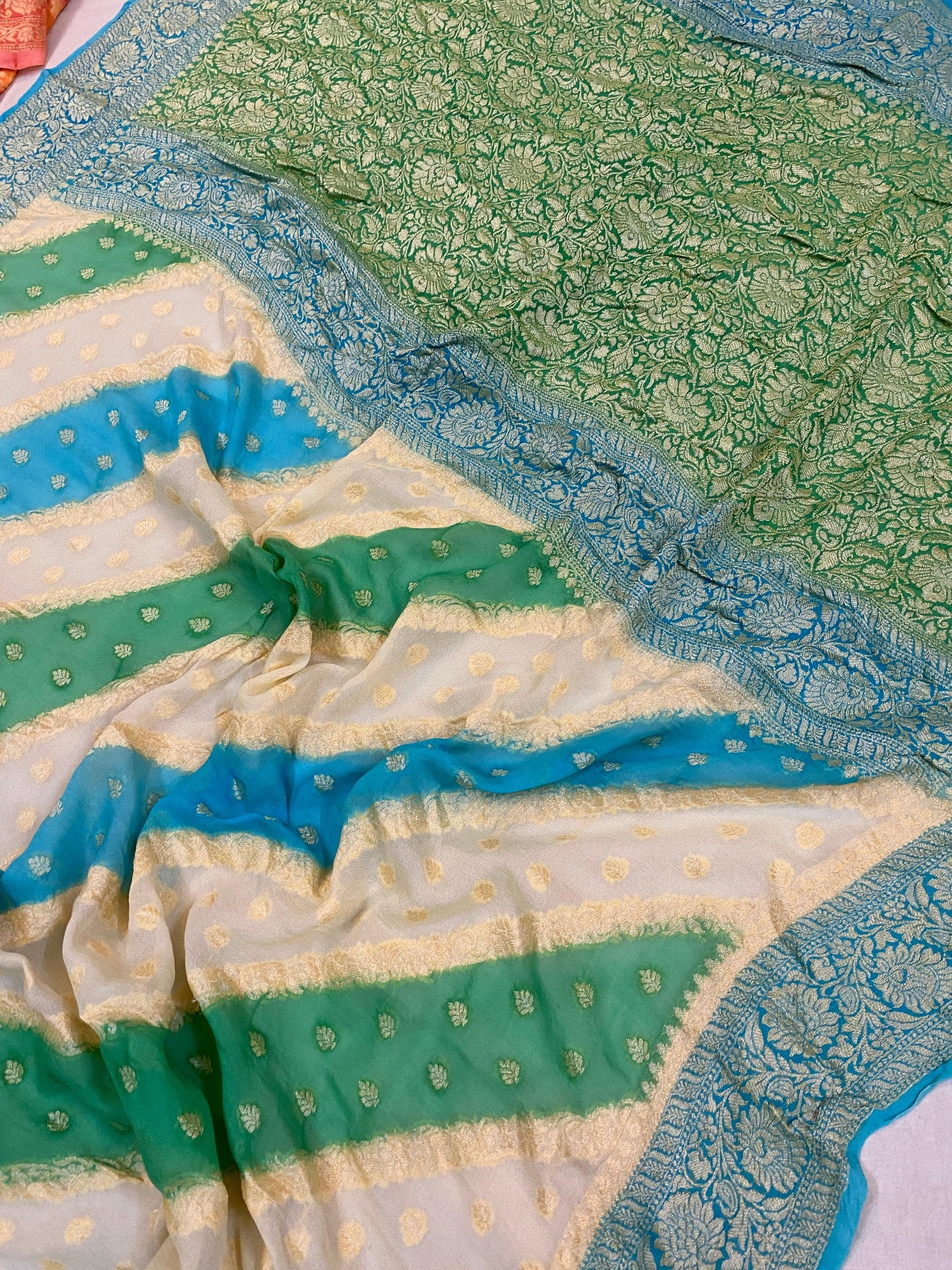 Enchanting Elegance: White & Green Rangkaat Pure Khaddi Georgette Banarasi Saree by Shades Of Benares - banarasi - banarasi saree shop